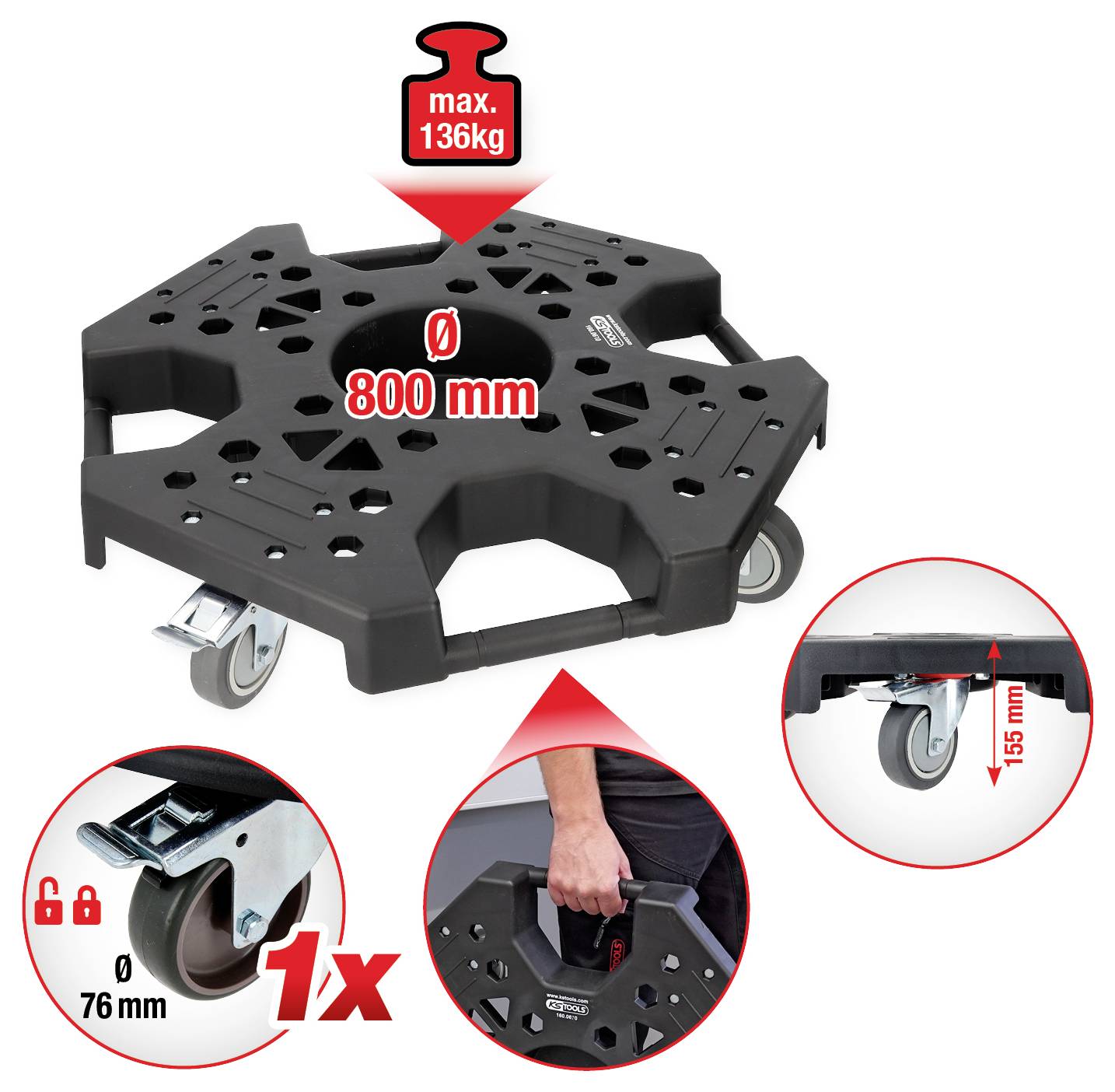 'Chariot robuste noir avec un diamètre de 800 mm, supporte jusqu'à 136 kg. Équipé de quatre roulettes, d'une poignée et d'un design facilitant le transport.'