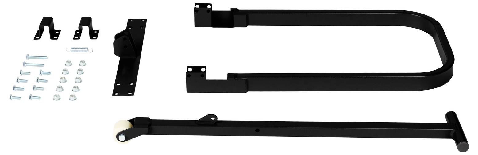 'Kit de quincaillerie de porte de grange en noir avec charnières, boulons et rail coulissant pour installation.'
