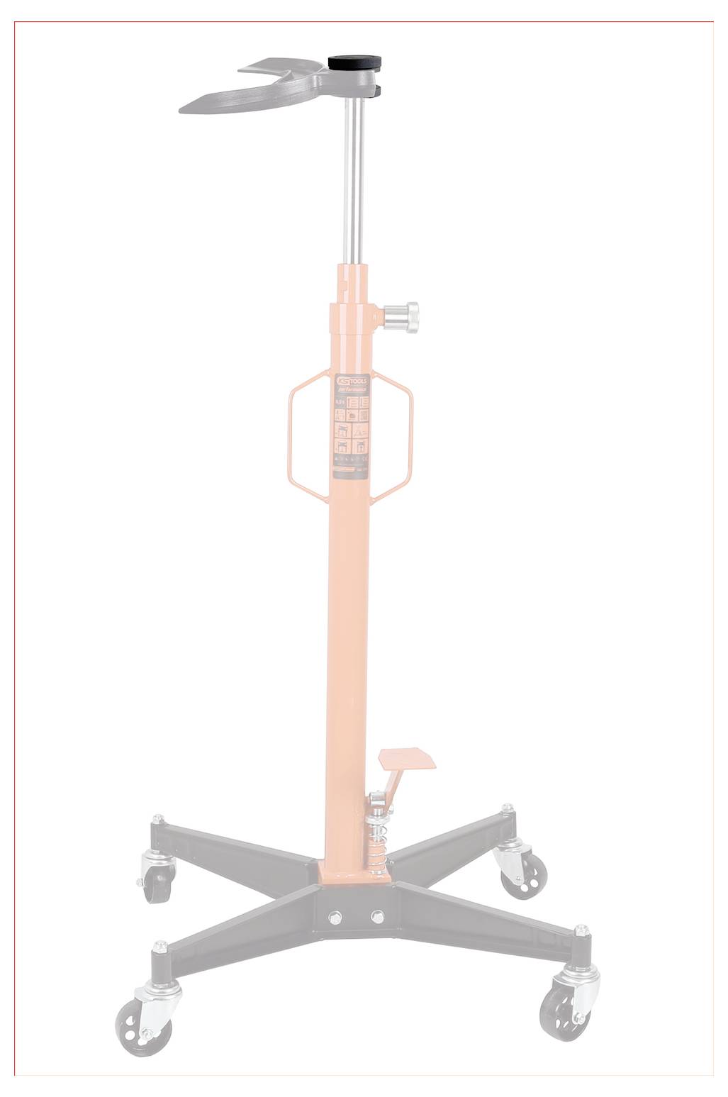 Chandelier de levage orange sur roues, avec hauteur réglable, mécanisme à pédale et poignées, utilisé pour supporter les véhicules pendant les opérations de maintenance.