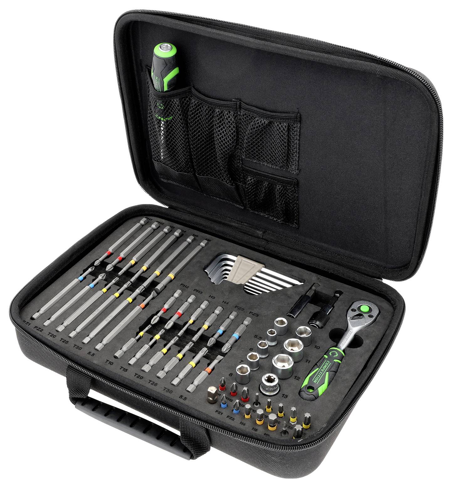 Un étui à outils noir contenant divers outils, dont des tournevis, des clés hexagonales, des douilles et une poignée de cliquet, soigneusement rangés dans des emplacements prévus à cet effet.