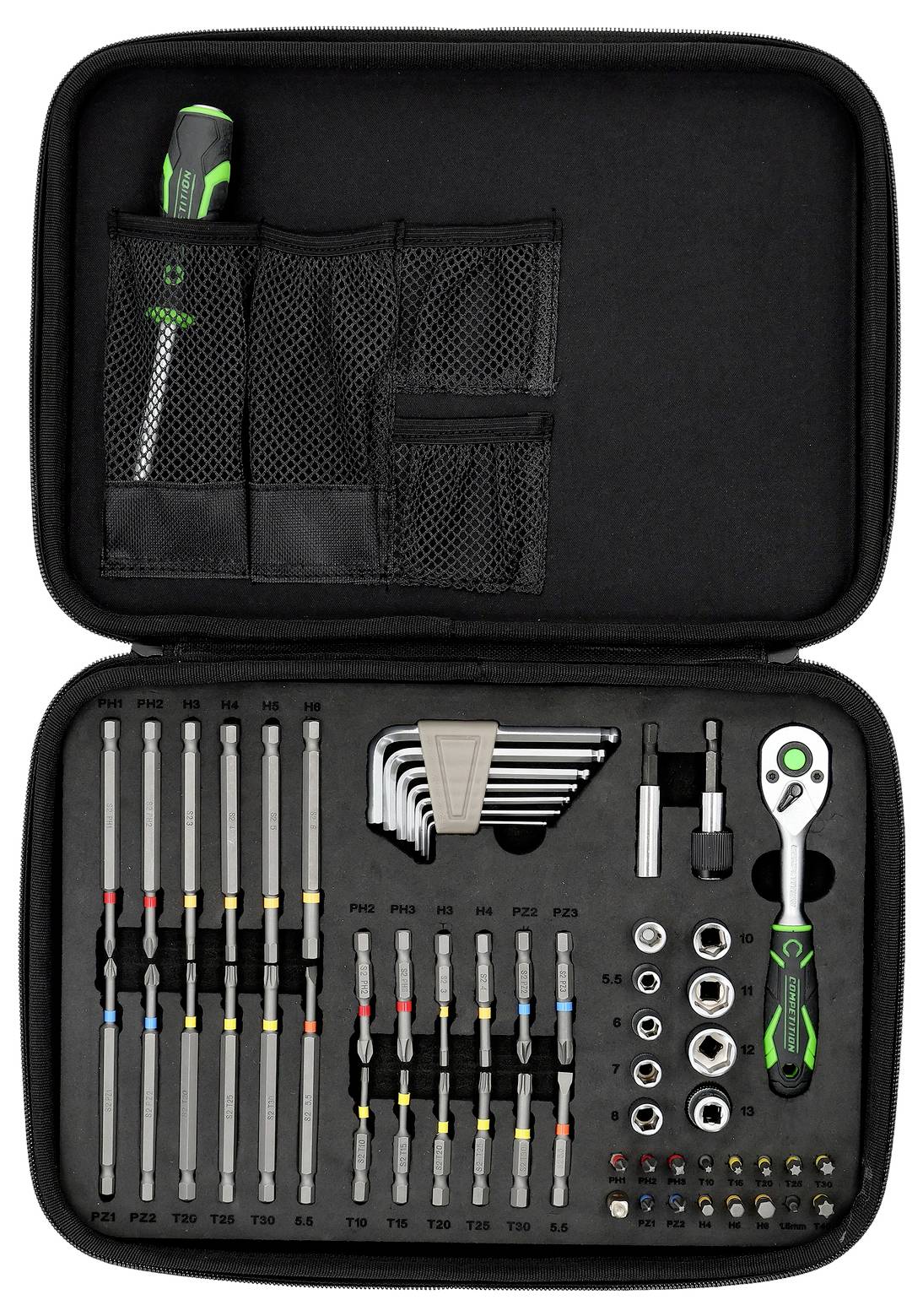 Kit d'outils comprenant divers embouts de tournevis, une clé à cliquet, des clés hexagonales et un tournevis, soigneusement rangés dans un étui avec des poches en maille.