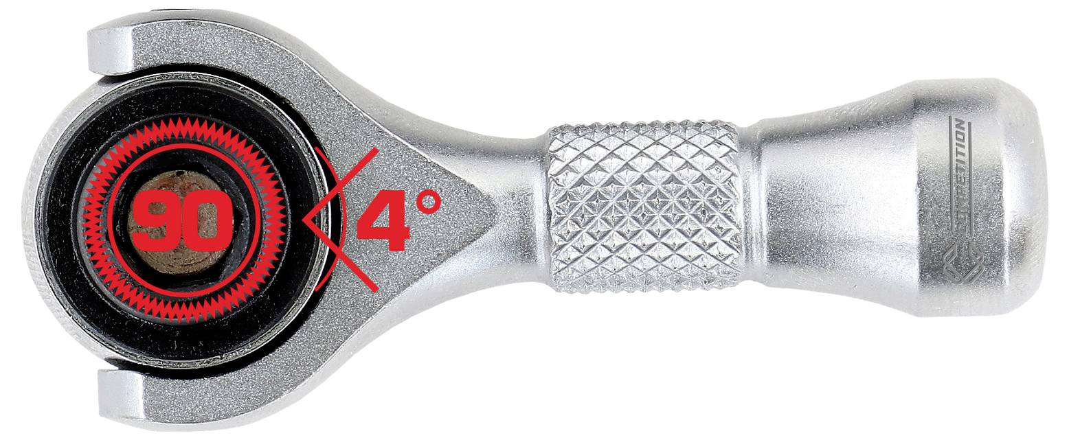Clé à molette montrant une rotation de 90 degrés avec un indicateur rouge mettant en évidence l'angle.
