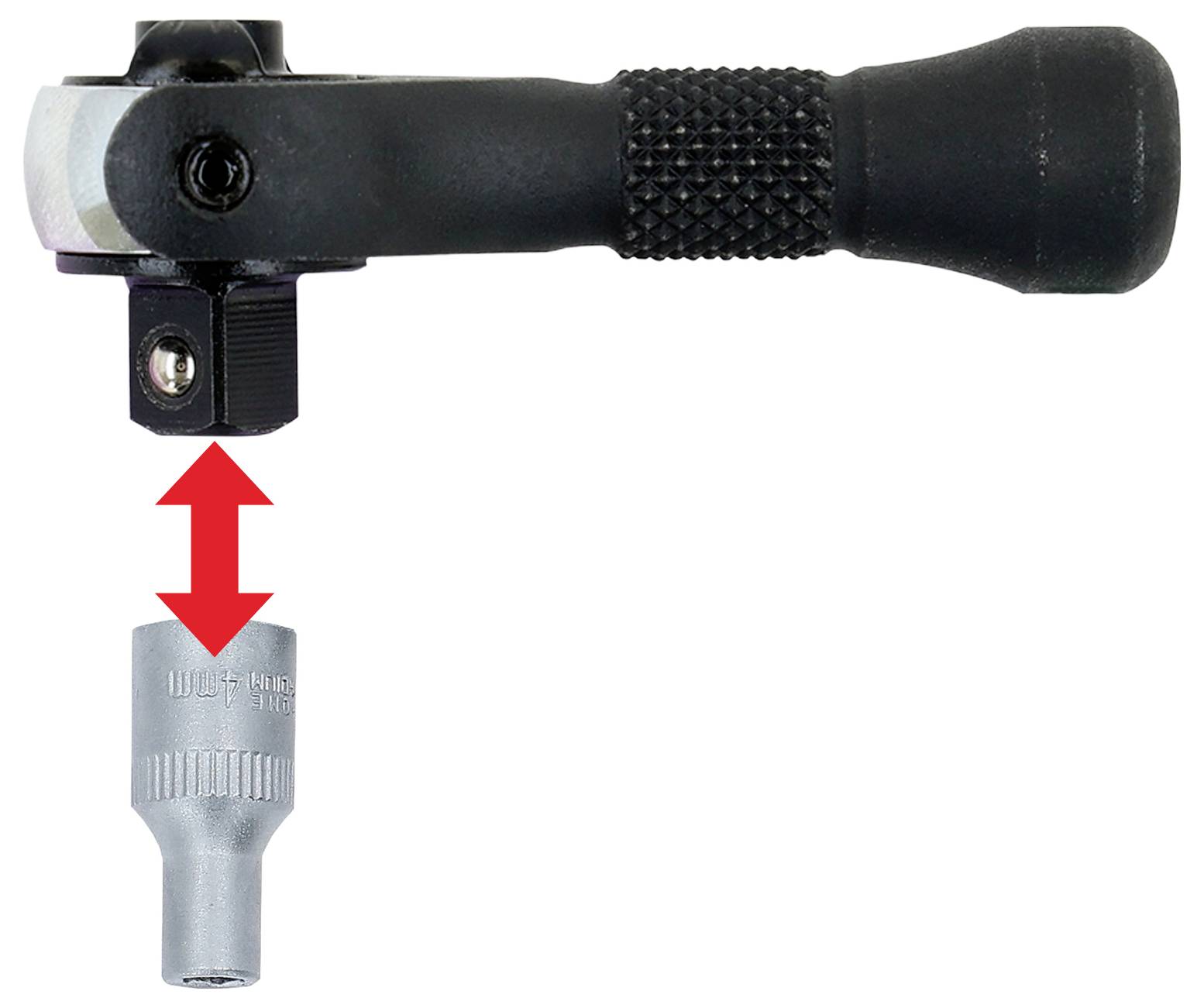 Une poignée à cliquet noire est suspendue au-dessus d'une clé à douille, avec une flèche rouge entre elles indiquant une connexion ou un attachement.