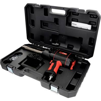 Un étui de rangement d'outils contenant un outil électrique rouge et noir avec des emplacements pour accessoires, présenté ouvert.