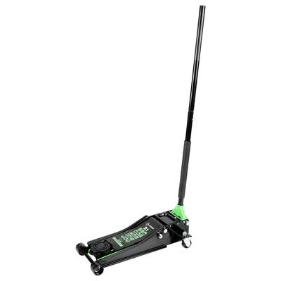 Un cric hydraulique noir et vert avec une longue poignée, conçu pour soulever des véhicules.