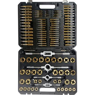 Un étui en plastique noir contenant différentes tailles de tarauds et filières métalliques dorés, disposés en grille pour filetage et coupe de métal.