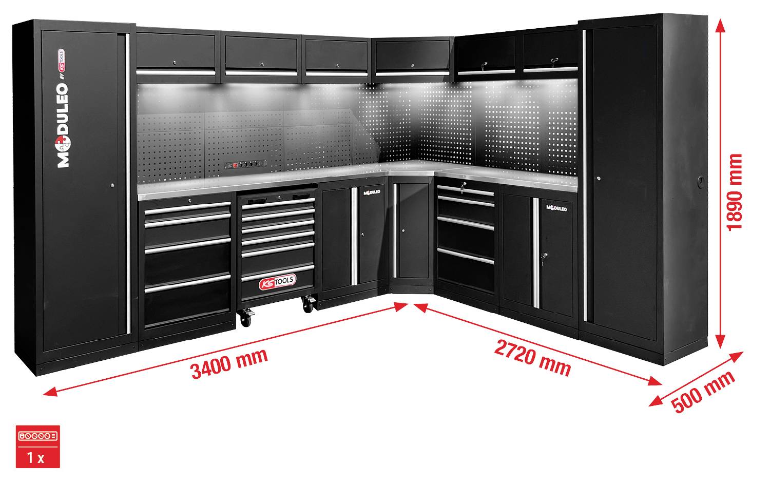 Un aménagement de garage avec des armoires de rangement modulaires noires et des tiroirs à outils. Des éclairages LED illuminent la surface de travail. Dimensions indiquées : 3400 mm par 2720 mm, hauteur 1890 mm, profondeur 500 mm.