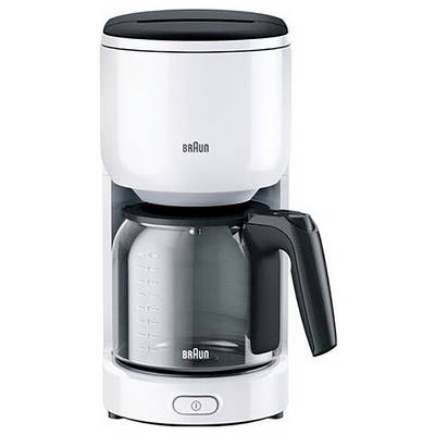 Une cafetière à goutte blanche et noire avec une carafe en verre et un bouton marche/arrêt sur le socle.