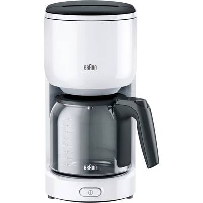 Un cafetière électrique blanche avec une carafe en verre et une poignée noire, dotée de repères de mesure sur le côté.