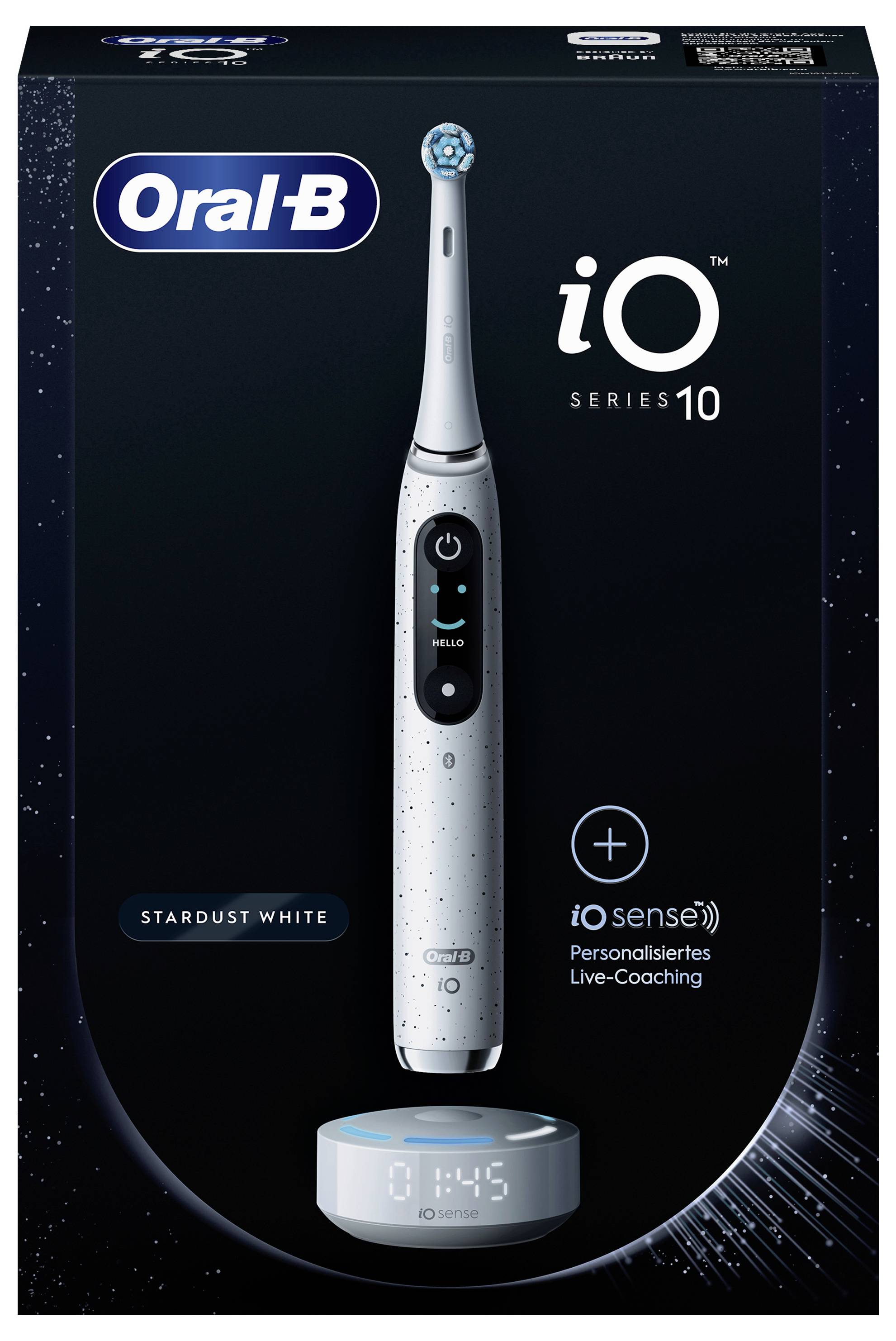 Brosse à dents électrique 'Oral-B iO Series 10' en blanc Stardust avec la fonctionnalité de coaching en direct iOsense. L'emballage présente un écran intelligent.