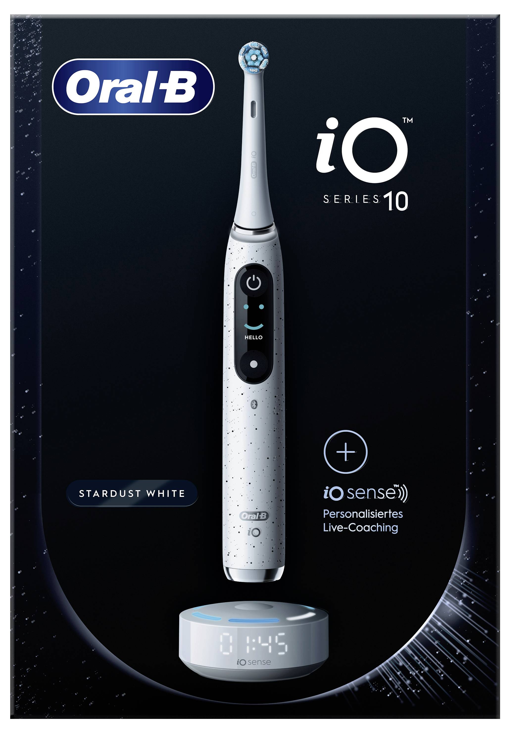 Brosse à dents électrique Oral-B iO Series 10 en blanc stardust, présentant le 'coaching personnalisé en direct iOsense', accompagnée de sa base de chargement.