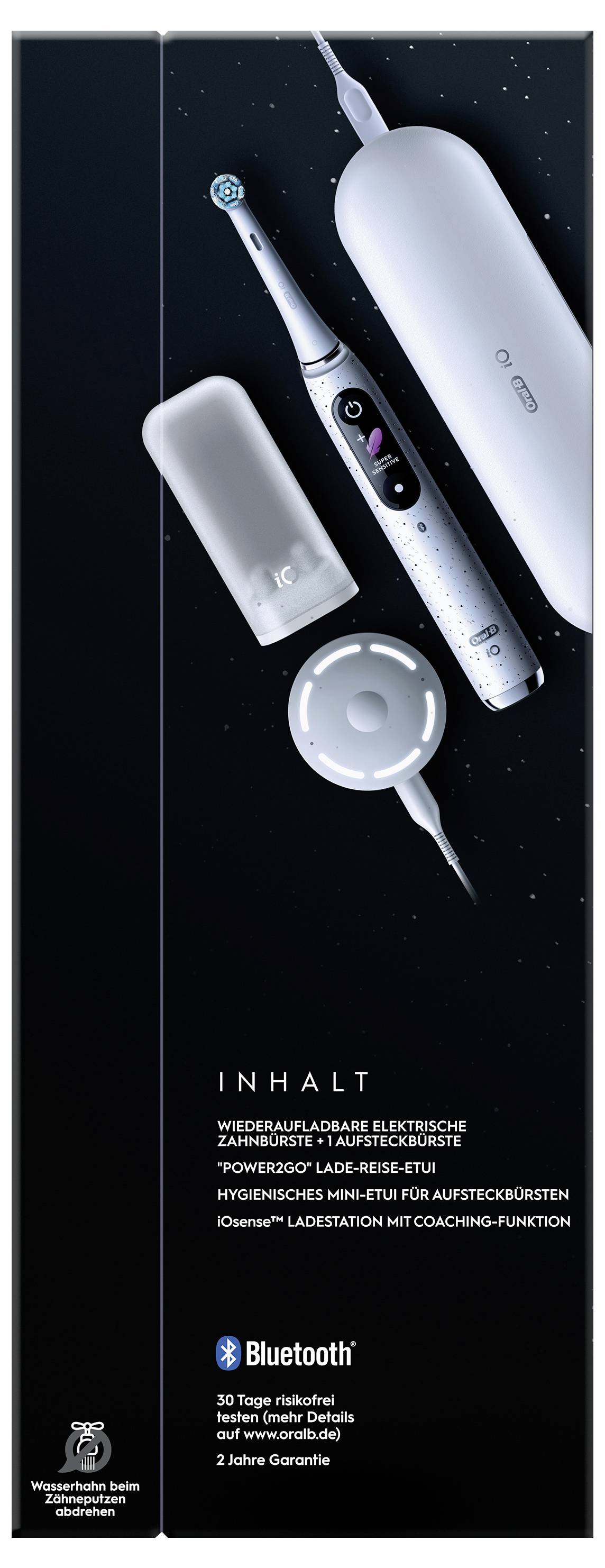 Brosse à dents électrique avec accessoires : un étui de voyage, un chargeur et une tête de brosse supplémentaire. Équipée de fonctionnalités Bluetooth pour un coaching intelligent.