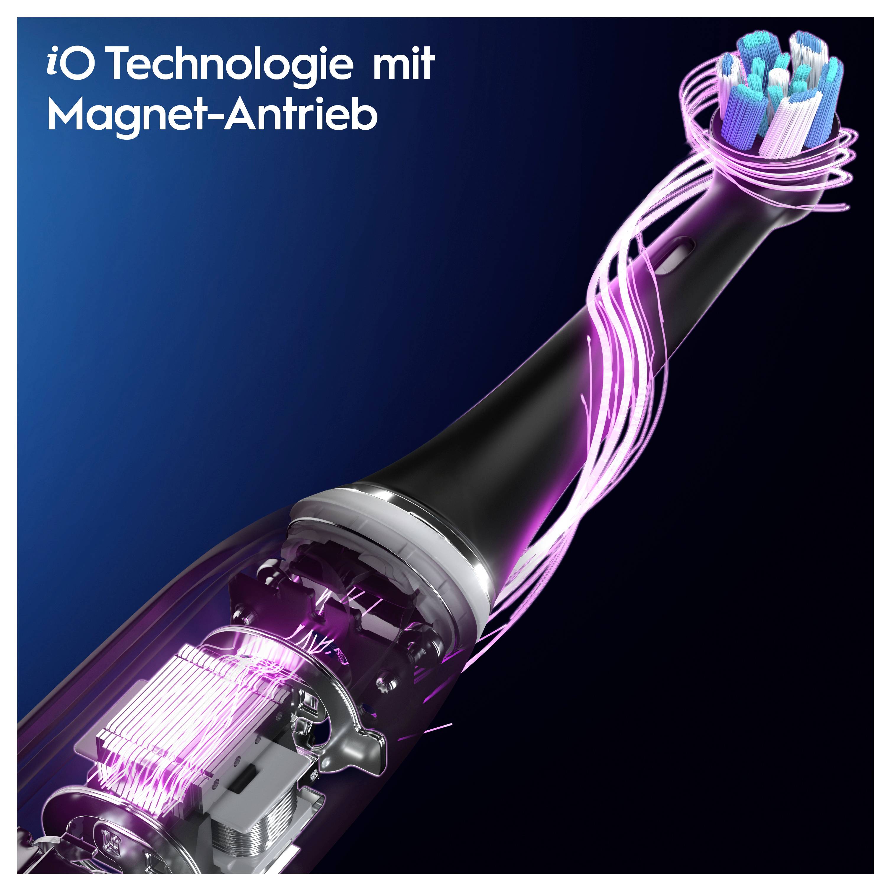 Une brosse à dents avec la 'Technologie iO avec entraînement magnétique' présentant les composants internes et le moteur magnétique. Surmontée de touches bleu électrique et rose.