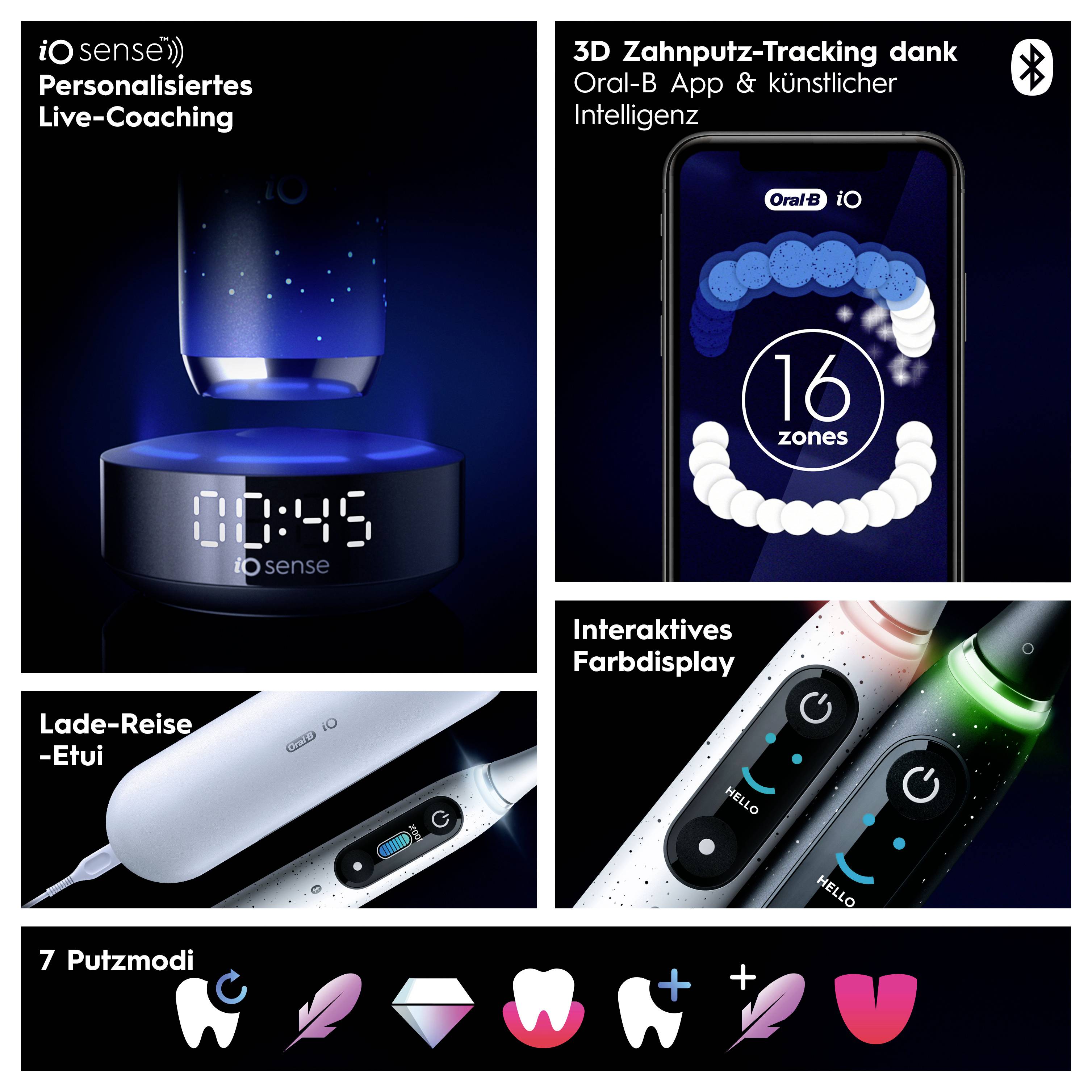 L'image présente différentes caractéristiques d'une brosse à dents, notamment une application mobile avec '16 zones', un écran couleur interactif et un étui de voyage.