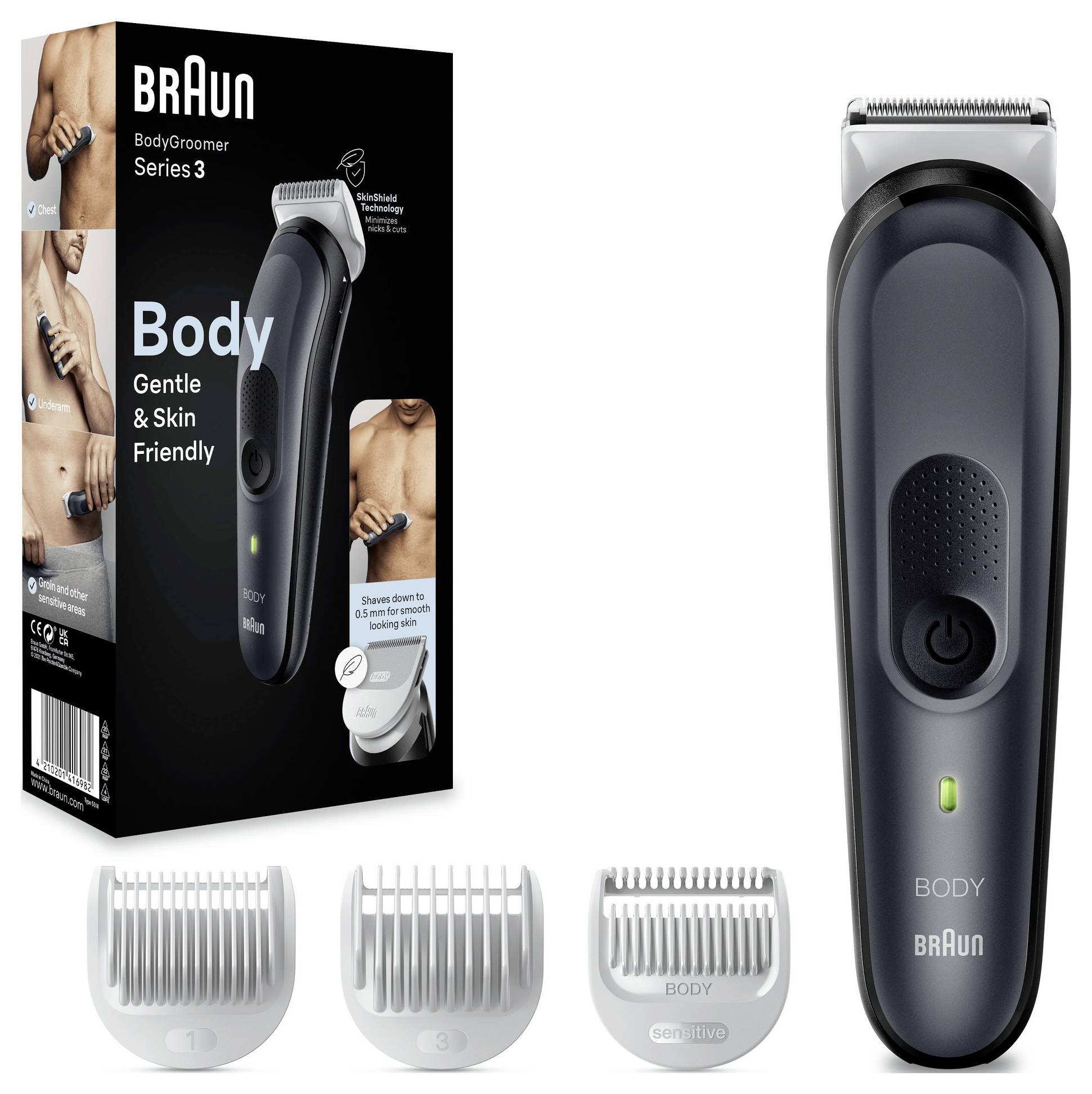 Un tondeuse corporelle de la série 3 de Braun, doté d'un design doux et respectueux de la peau. Comprend trois accessoires de coupe pour différentes longueurs.