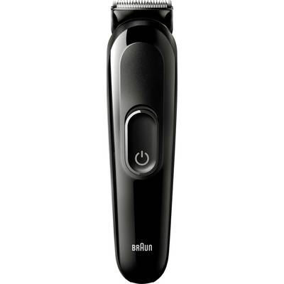 Un coupe-cheveux électrique Braun noir avec un bouton marche-arrêt sur l'avant et des lames sur le dessus.