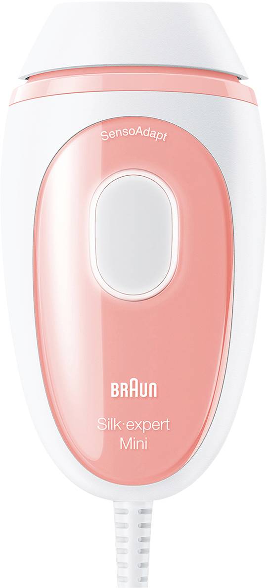 Une vue rapprochée d'un appareil portable blanc et rose étiqueté « Braun Silk-expert Mini » avec un bouton central et le texte « SensoAdapt » au-dessus.