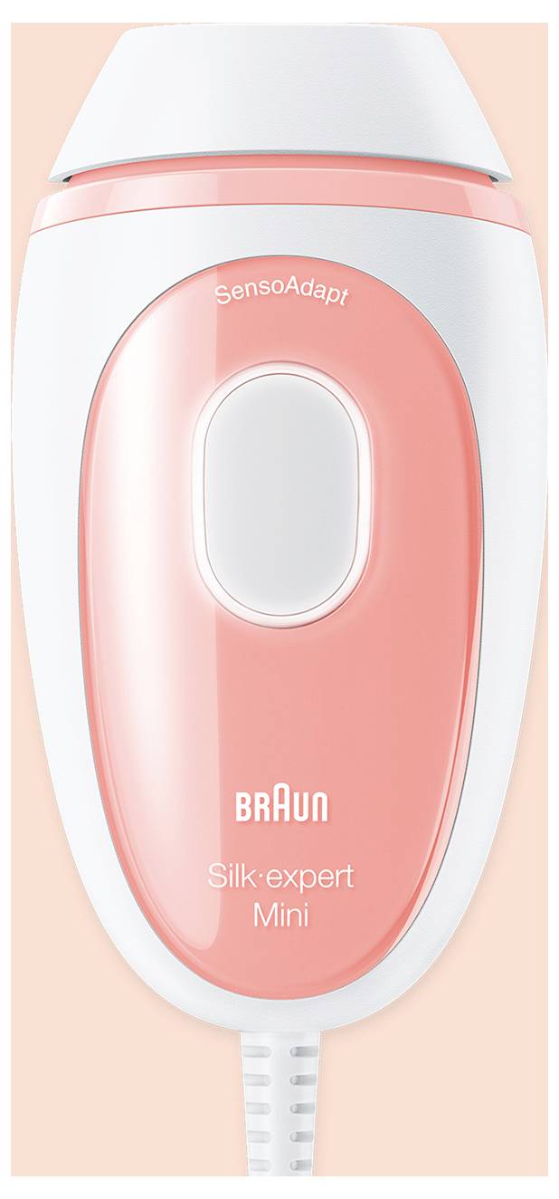 Une image en gros plan d'un appareil Braun Silk-expert Mini avec le marquage 'SensoAdapt' et la marque. L'appareil est pêche et blanc avec un seul bouton.