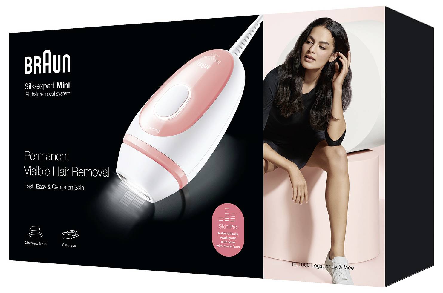 Emballage "Braun Silk-expert Mini" montrant une femme utilisant l'appareil d'épilation, mettant en avant des caractéristiques telles que l'épilation permanente et la douceur pour la peau.