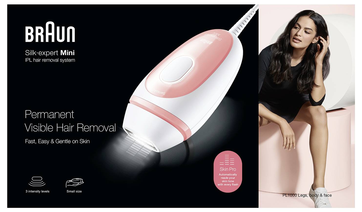Une image d'un appareil d'épilation IPL Braun Silk-expert Mini sur la gauche, avec un texte mettant en avant ses caractéristiques d'épilation permanente. Une femme à la peau lisse est assise sur la droite.