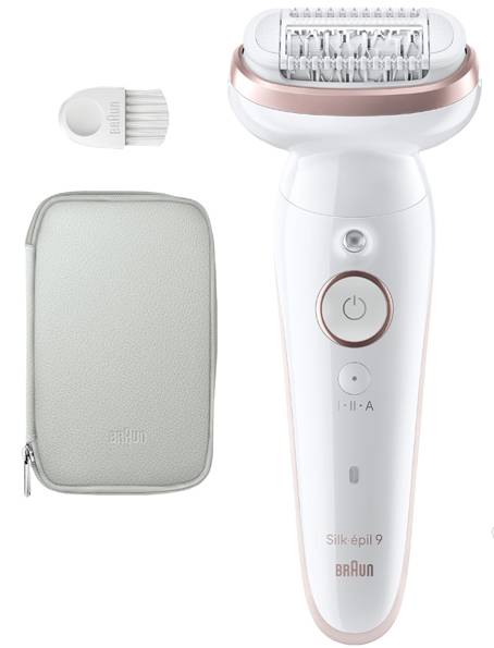 Épilateur en or blanc et rose avec bouton marche/arrêt, options de vitesse et tête amovible. Comprend une brosse de nettoyage et une pochette de rangement.