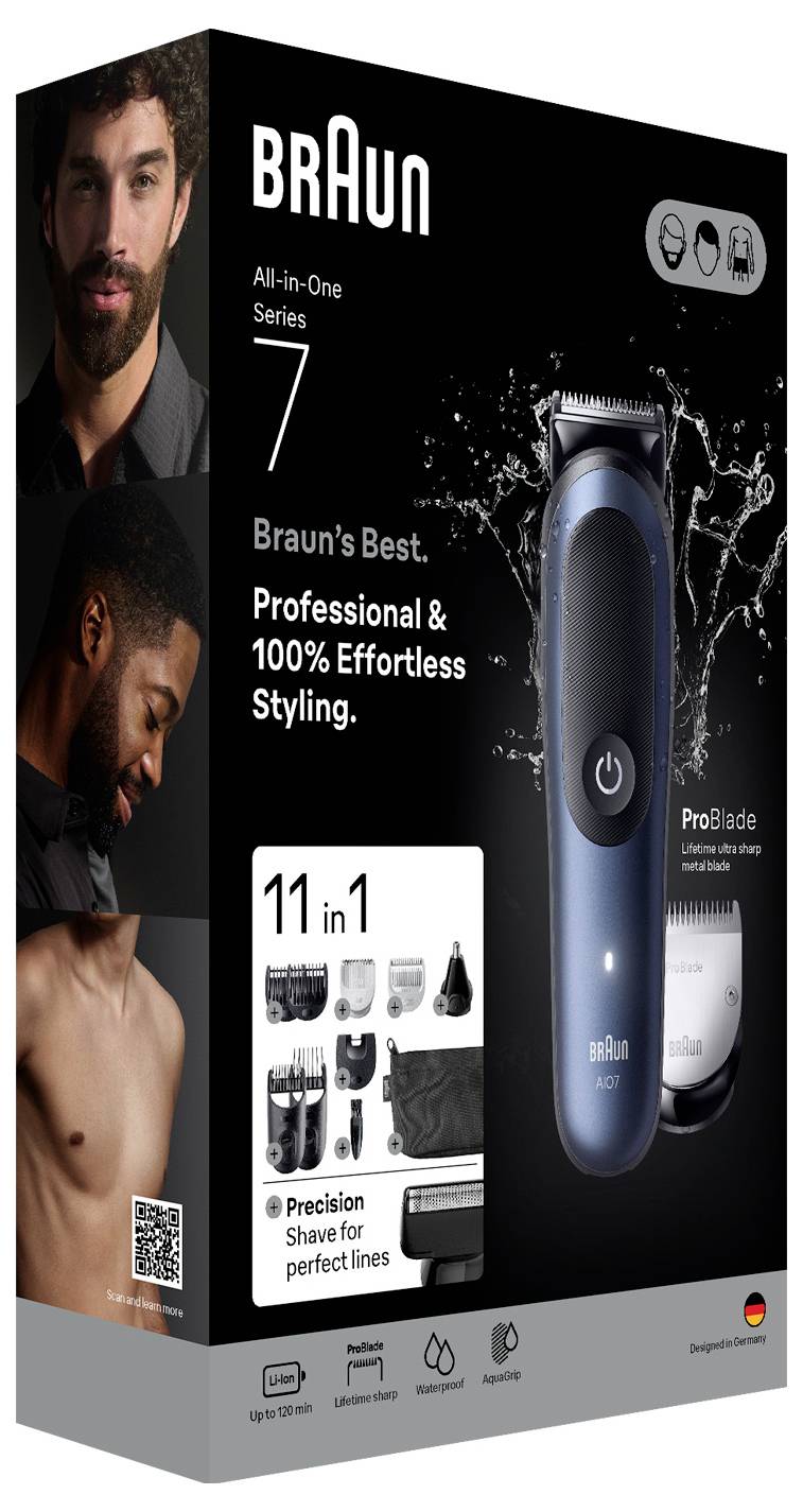 Emballage pour tondeuse tout-en-un Braun Series 7, mettant en valeur un 'Style Professionnel & 100% Sans Effort'. Comprend des images de la tondeuse, ses accessoires et des mannequins masculins présentant des coupes soignées.