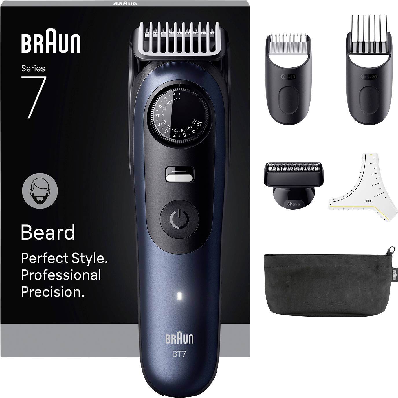 Tondeuse Braun Series 7 présentée avec ses accessoires de coupe, tondeuse de précision et pochette de voyage. Texte : 'Barbe Parfaite Style. Précision Professionnelle.'