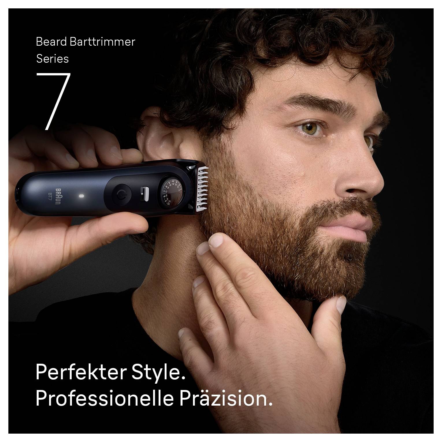 Un homme utilise une tondeuse à barbe sur ses poils faciaux. Le texte indique « Style parfait. Précision professionnelle. » et « Tondeuse à barbe Série 7 ».