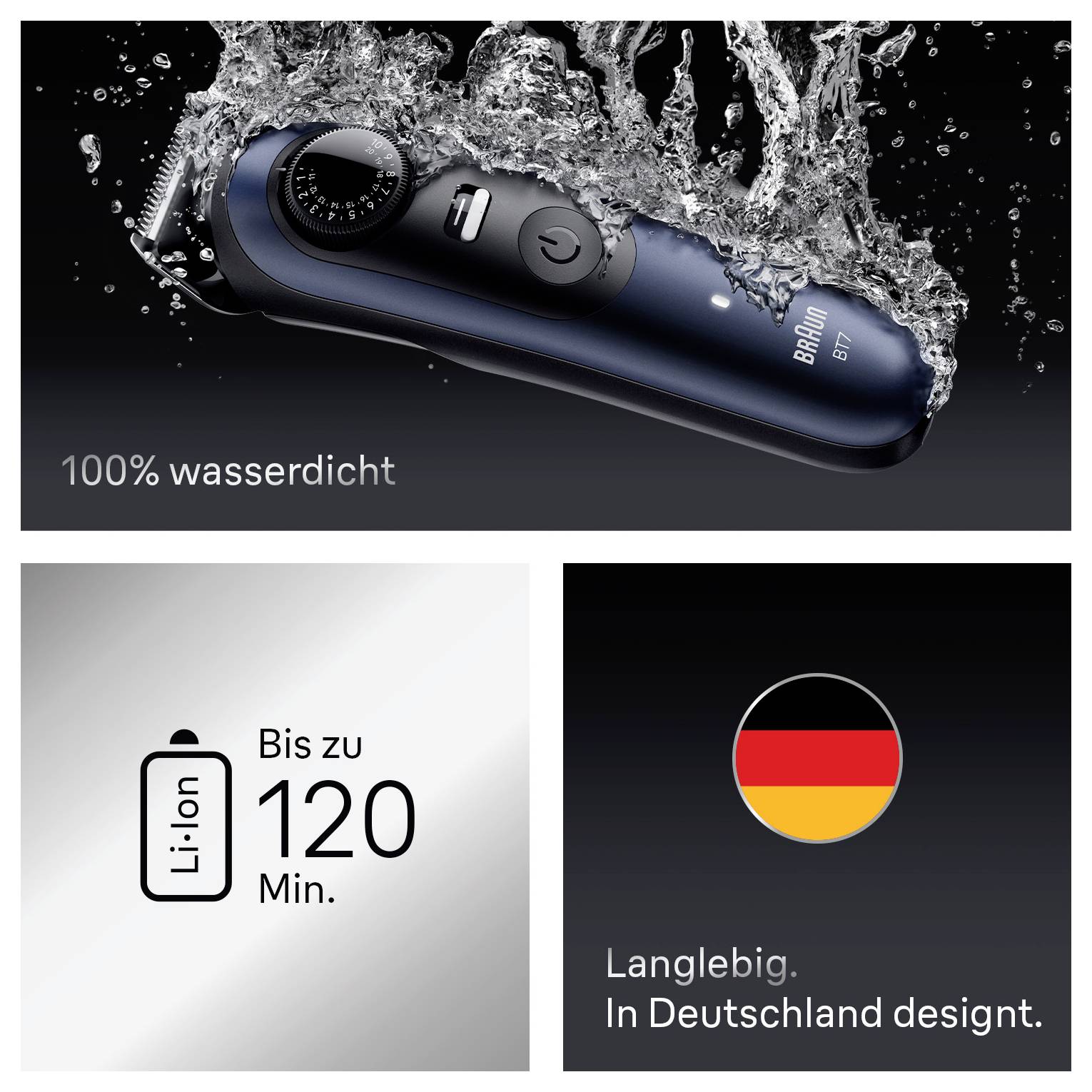 Rasoir avec éclaboussures d'eau indiquant '100% étanche'. Caractéristiques 'Jusqu'à 120 min Li-Ion'. Drapeau allemand et texte 'Durable. Designé en Allemagne'.