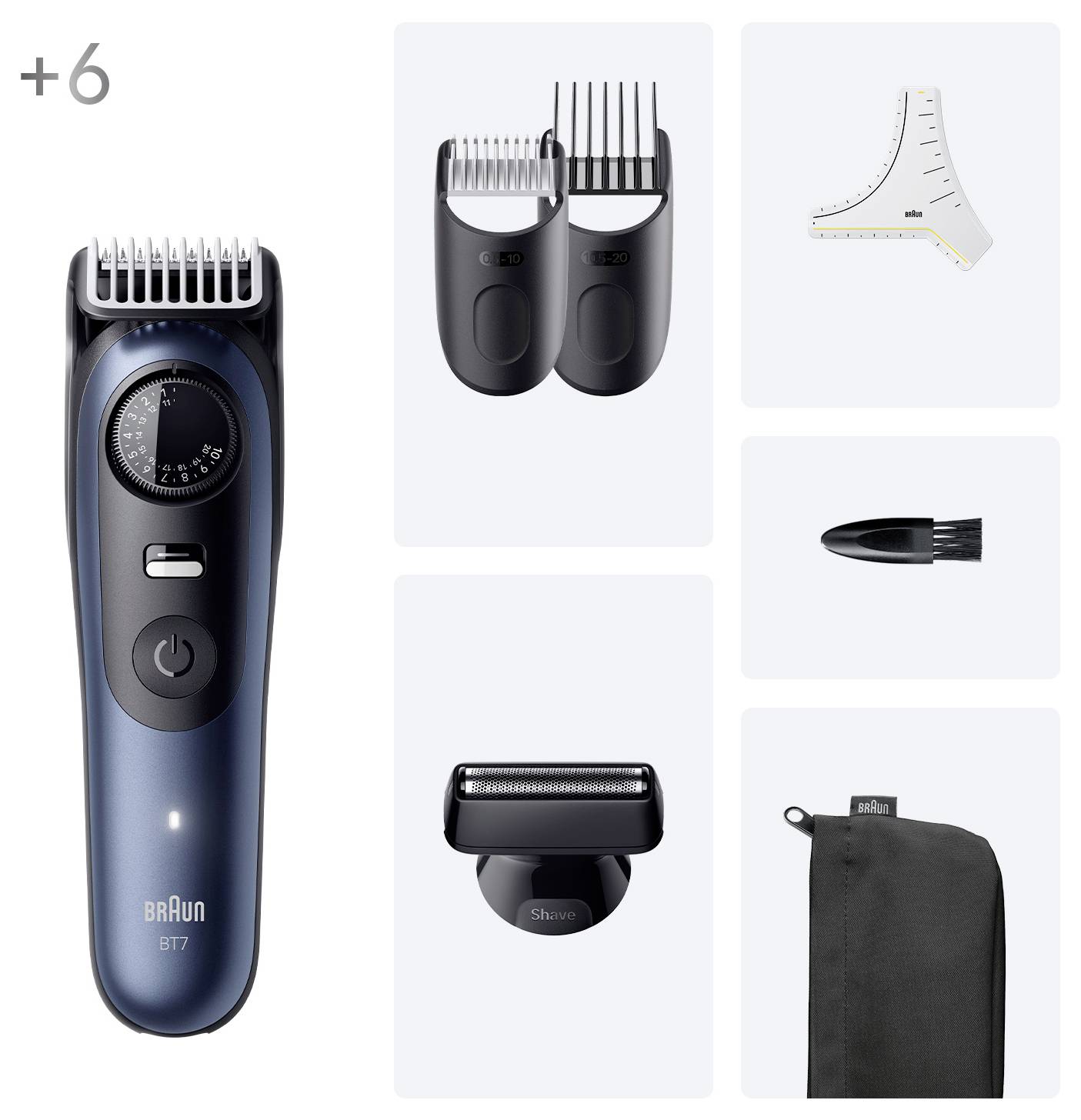 Un tondeuse électrique bleu et noir avec cadran réglable, deux peignes de coupe, un outil de précision, un accessoire de toilettage corporel et une pochette de rangement.