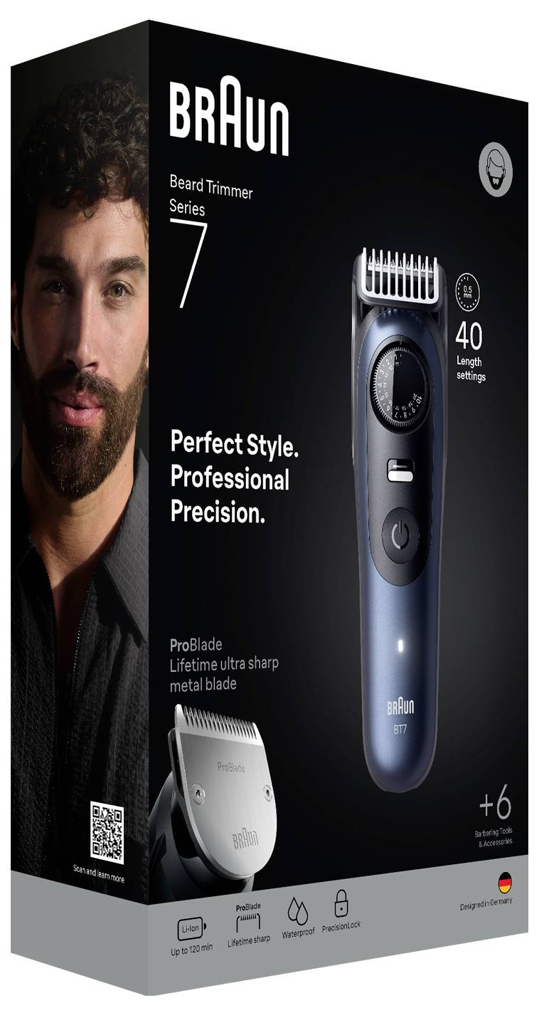 Rasoir tondeuse à barbe Braun Série 7 avec boîte présentant la tondeuse, un modèle avec barbe, affichant les caractéristiques « 40 réglages de longueur », « Style Parfait. Précision Professionnelle. ».