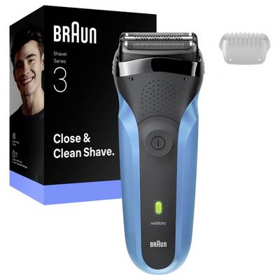 Rasoir électrique avec un boîtier bleu, à côté de sa boîte étiquetée « Rasage Net et Précis ». Comprend un accessoire de capuchon de protection.