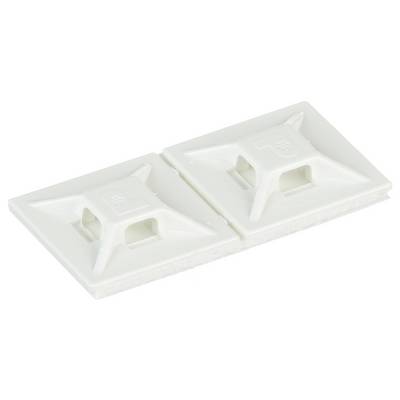 Deux supports de attache-câbles en plastique blanc avec dos adhésif, conçus pour fixer des câbles aux surfaces.
