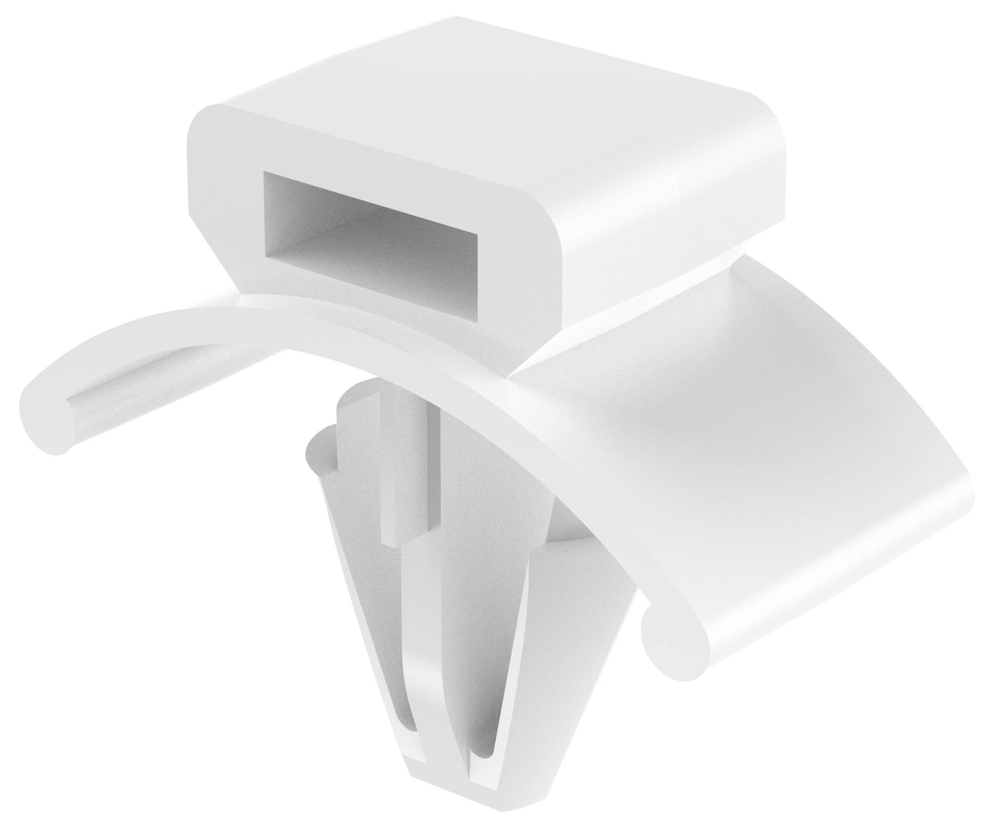 Un attache-câble en plastique blanc avec une base incurvée et une fente sur le dessus, utilisé pour maintenir des câbles ou de petits objets en place.