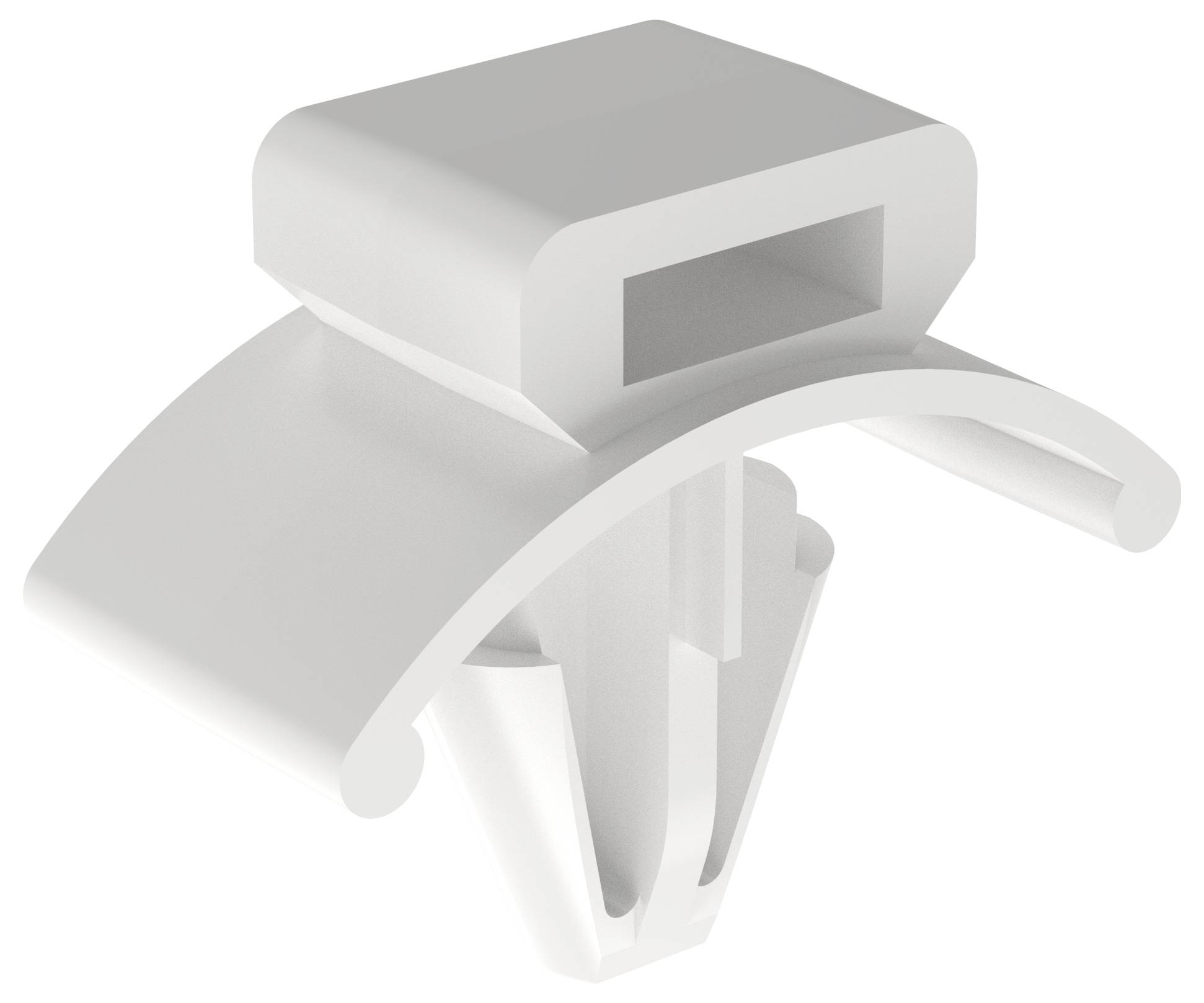 Un clip en plastique avec un dessus rectangulaire plat et un bord inférieur courbe, conçu pour fixer des câbles ou des fils, présenté dans une couleur neutre.