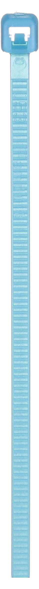 Un collier de serrage bleu avec une tête de verrouillage et une bande texturée conçu pour attacher des câbles ou des objets.