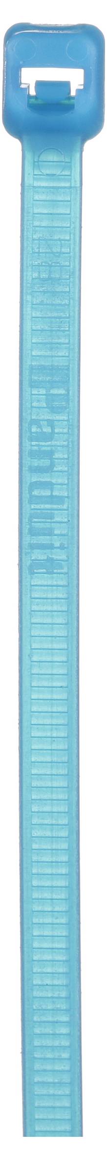 Un serre-câble en plastique bleu, à texture rainurée, s'étend verticalement et se termine par une boucle carrée en haut pour la fixation.