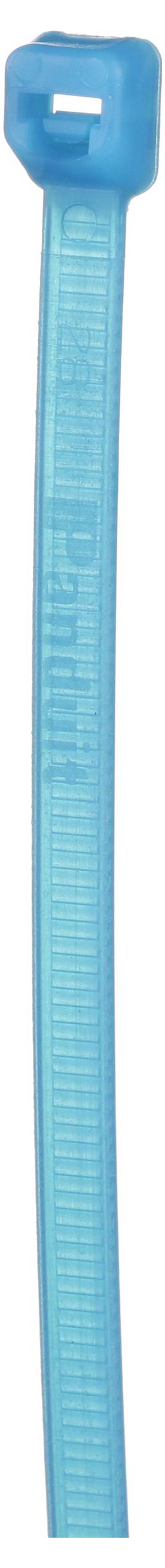 Une image en gros plan d'un collier de serrage en plastique bleu avec un mécanisme de verrouillage à une extrémité.