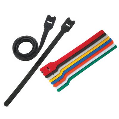 Un ensemble de huit attaches de câble en Velcro colorées, comprenant du rouge, du jaune, du vert, du bleu et du noir, présentées à côté d'une attache noire enroulée.