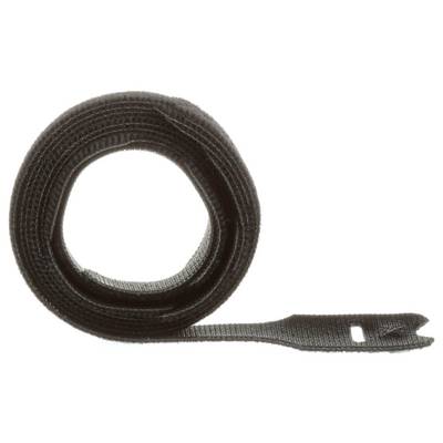 Une sangle enroulée en Velcro noir avec une boucle de fixation à une extrémité, utilisée pour attacher ou regrouper des câbles et des cordons.