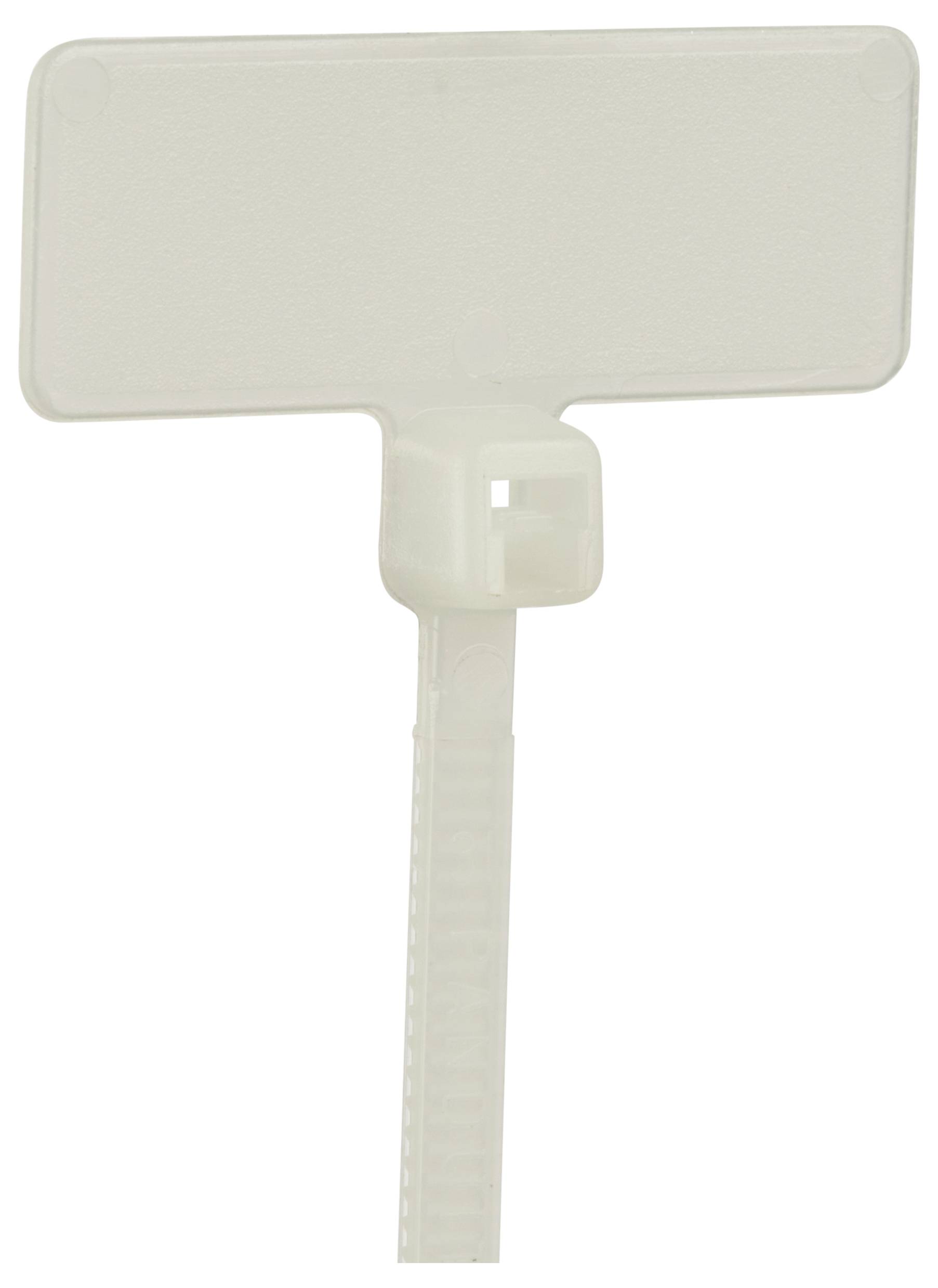 Un porte-pancarte en plastique blanc ajustable avec un panneau rectangulaire vierge et un support flexible, utilisé pour l'étiquetage ou l'affichage d'informations.