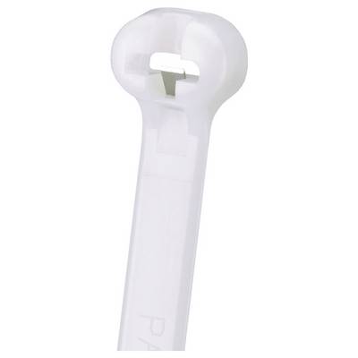 Un gros plan sur un collier de serrage blanc avec un mécanisme de verrouillage, utilisé pour attacher des câbles ou des objets.