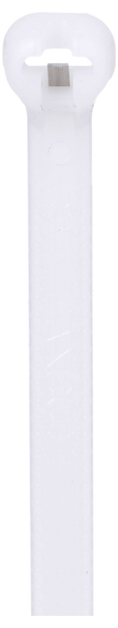 Un collier de serrage en plastique blanc avec un mécanisme de verrouillage carré à une extrémité, utilisé pour attacher et organiser des câbles.