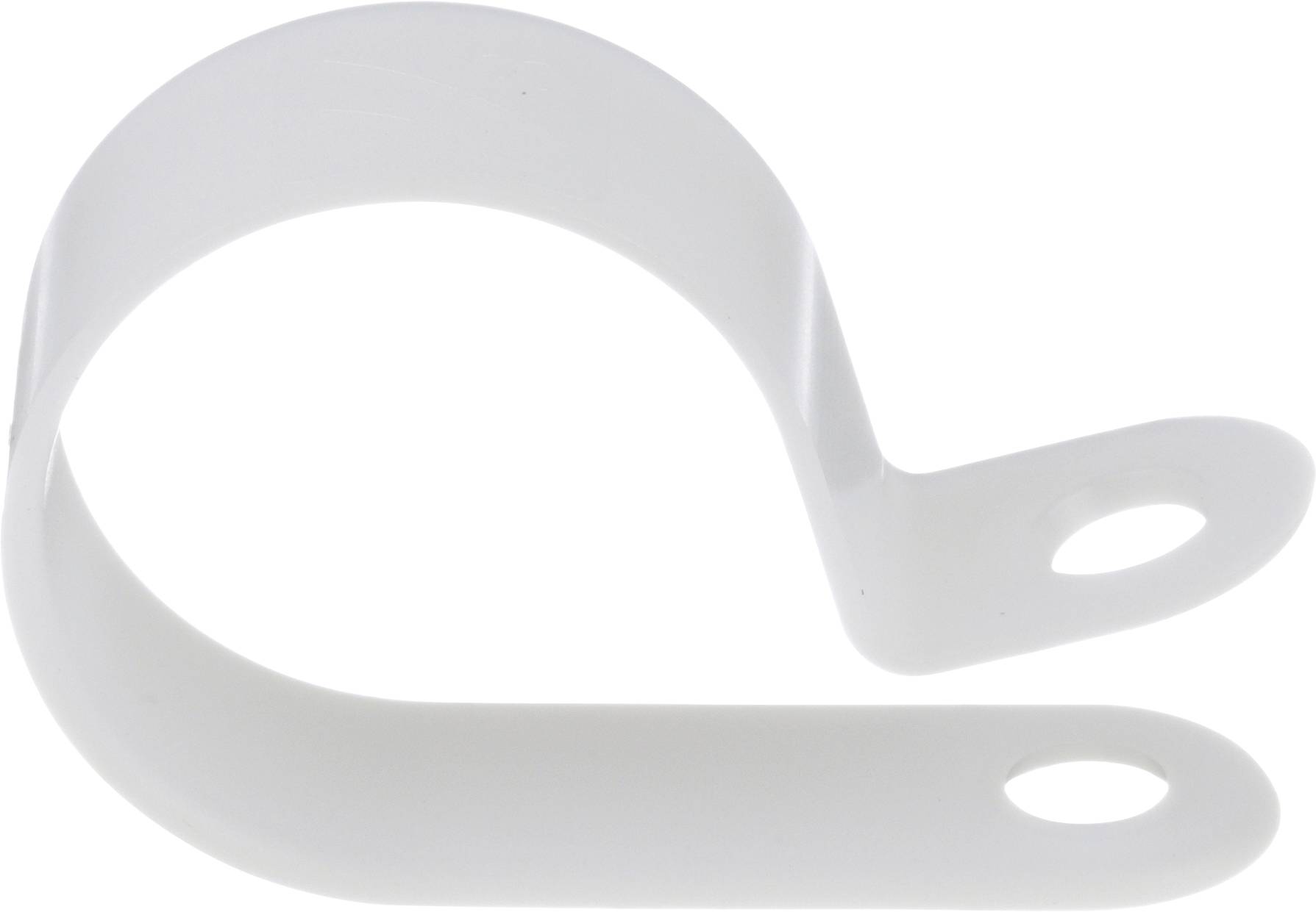 Un serre-câble en plastique blanc avec une boucle et deux trous de montage, conçu pour maintenir des câbles ou des fils en place.