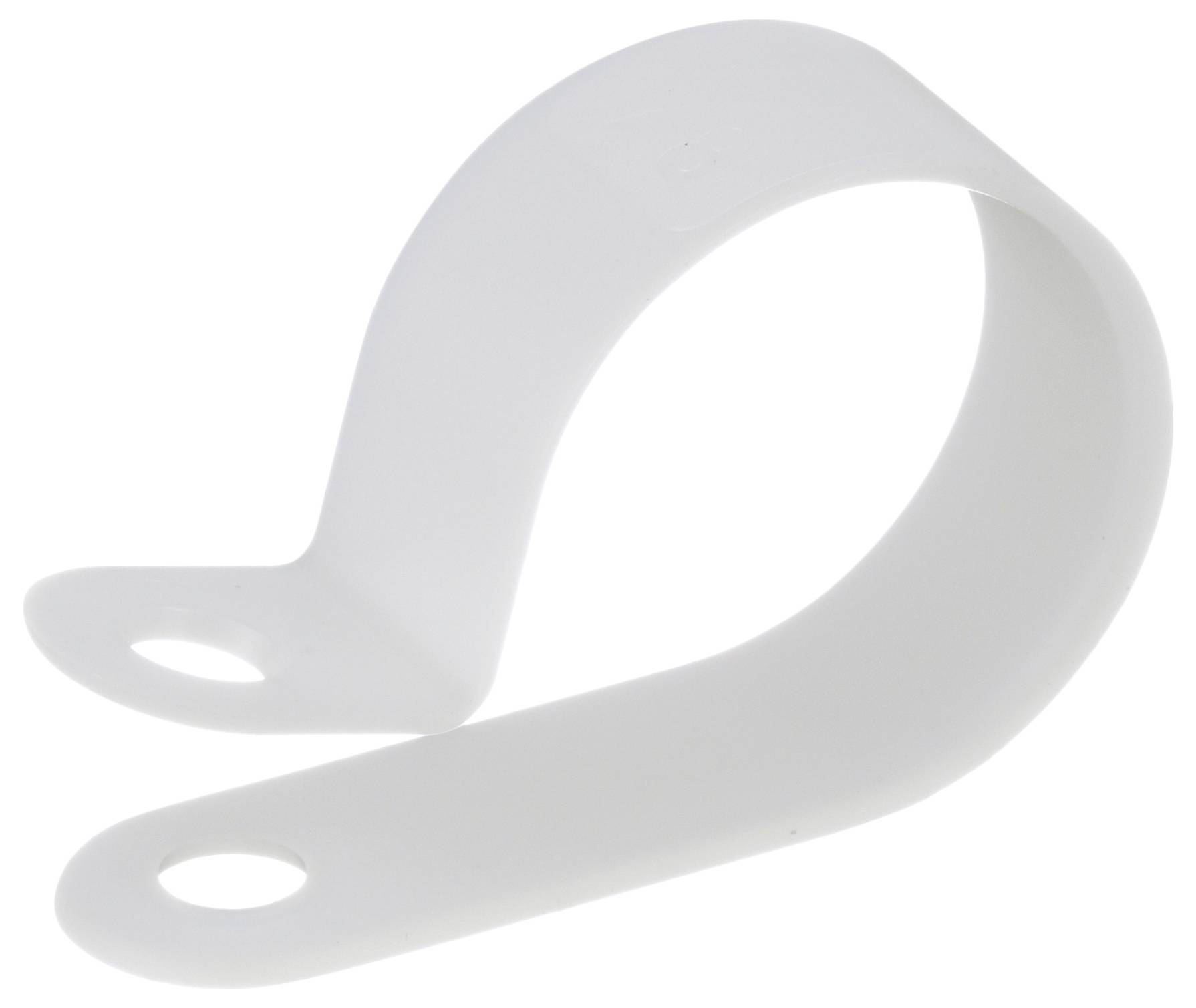 Collier de câble en plastique blanc à deux trous, conçu pour fixer des fils ou des câbles à des surfaces.