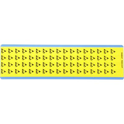 Une planche de skateboard jaune avec un motif répétitif de designs de flèches noires sur le dessus et des bords bleus.