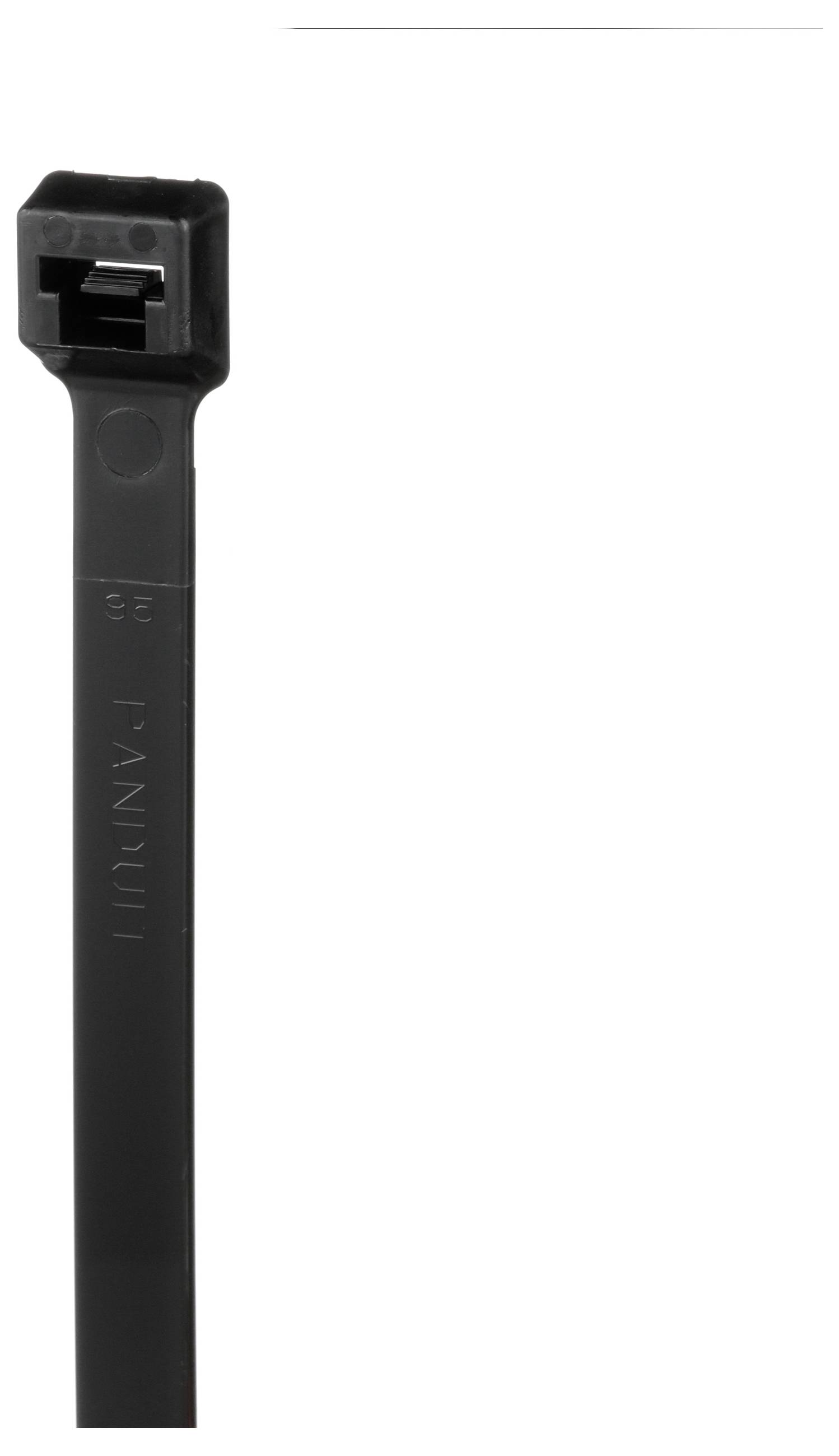 Un collier de serrage noir avec un mécanisme de verrouillage, utilisé pour attacher des câbles ou des objets ensemble de manière sécurisée.