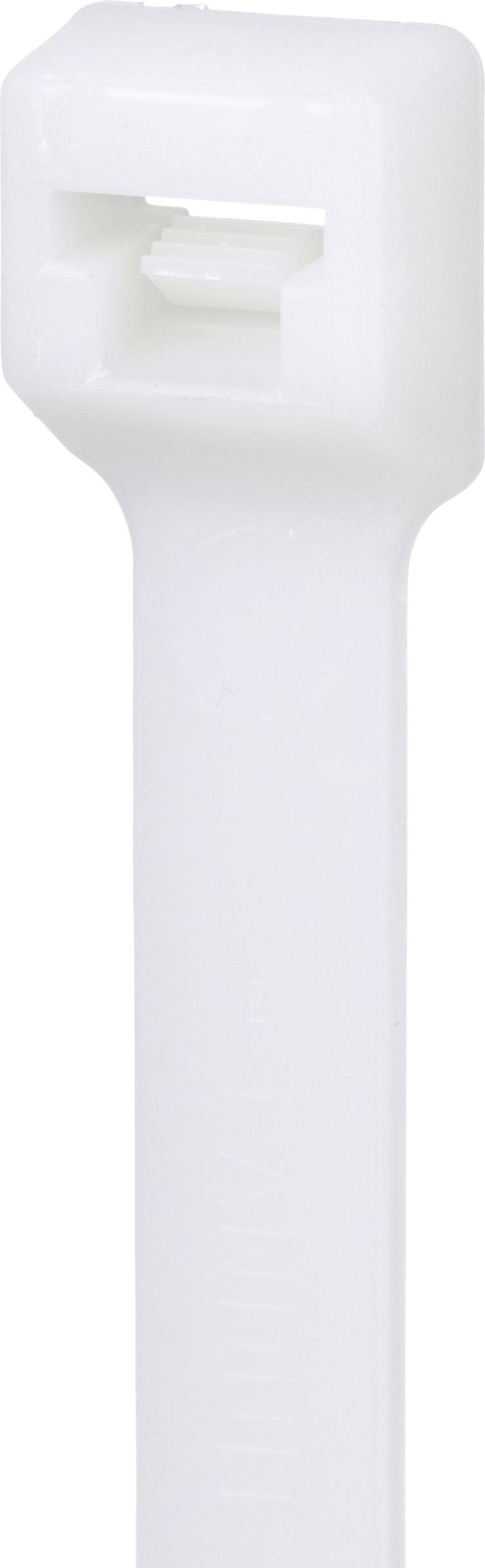 Une image en gros plan de la tête d'un collier de serrage en plastique blanc, révélant son mécanisme de verrouillage et sa texture lisse.