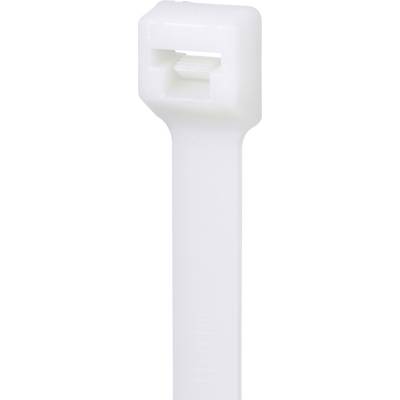 Une image en gros plan de la tête d'un collier de serrage en plastique blanc, révélant son mécanisme de verrouillage et sa texture lisse.