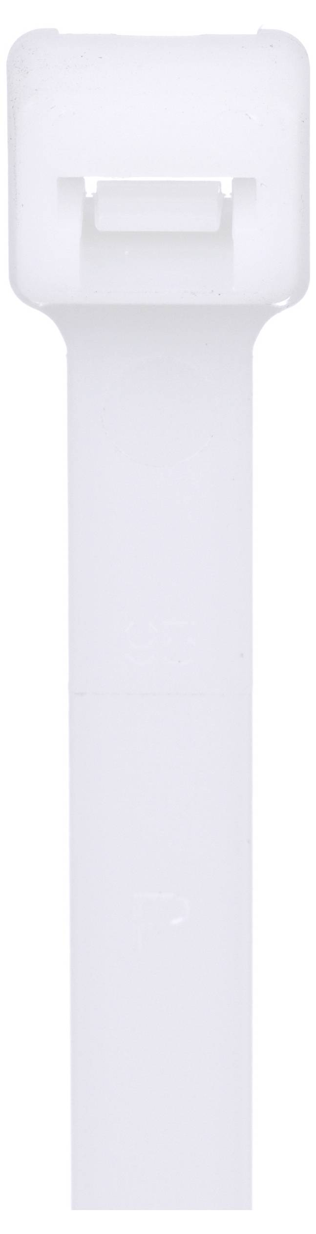 Un serre-câble en plastique blanc, utilisé pour lier ou attacher des objets ensemble, représenté verticalement avec un mécanisme de verrouillage en haut.